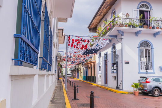 Colorful Panama hats on display for La Calle de los Sombreros (Hat Street Festival) in the Casco Viejo neighborhood of Panama City.