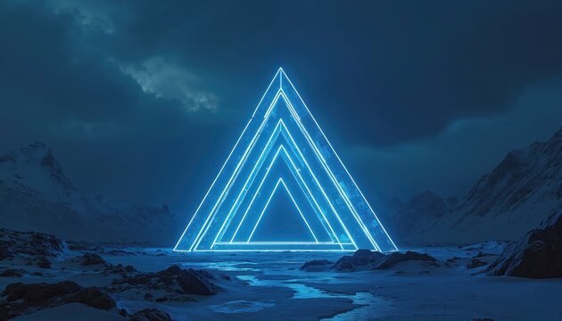 Glowing blue triangles form portal structure in snowy barren landscape. Dark clouds hover over mountains and frozen ground. Futuristic portal opens on alien world.
