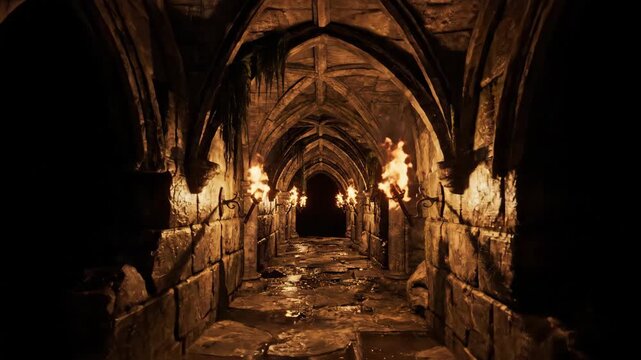 Stone dungeon corridor lit by wall torches. Medieval underground passage with shadows and flame illumination. Fantasy castle hallway for adventure game background.