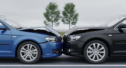 Fototapeta premium Blue and black cars crash into each other on road