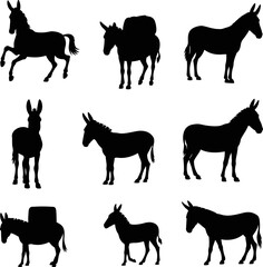 Obraz premium Set of donkey silhouettes in various poses including standing, walking, and carrying cargo, isolated on a white background, black vector illustrations for farm design.