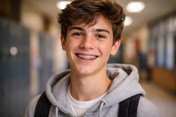 Obraz premium Smiling Teenage Boy with Braces and Acne in School Hallway – Student Portrait