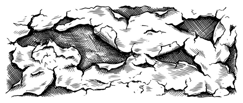 Horizontal rocky frame showing a deep hole or cavity in a cracked wall