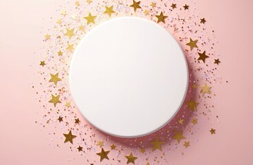 White round podium with golden stars and confetti scattered around. Used for product display on pink background. Ideal for beauty or luxury items. Ready for your content.