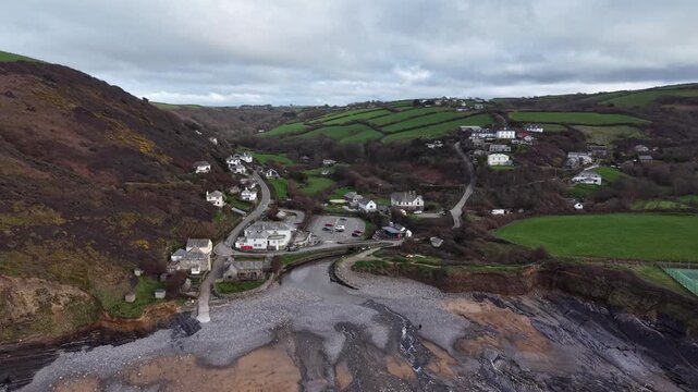 Drone view of Crackington Haven village on the North West coast of Cornwall UK