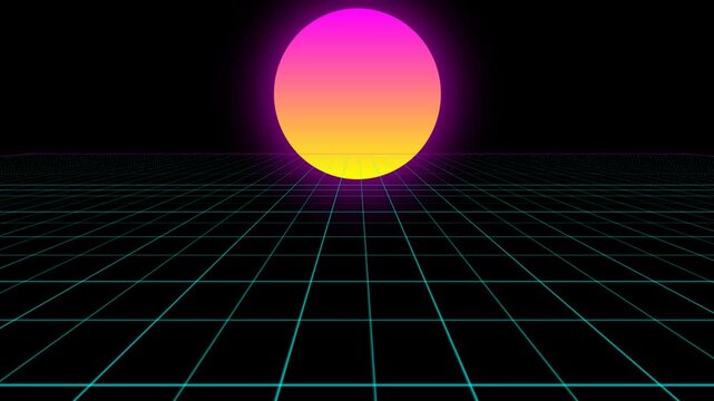 Retro Synthwave Grid: Vibrant Gradient Sphere on Digital Horizon