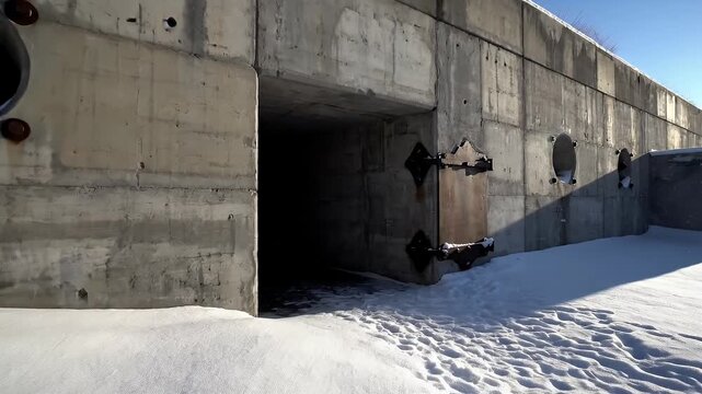 Eben-Emael Fortress Casemate in Winter - This video shows the exterior of the Eben-Emael fortress casemate on a sunny winter day, with a gun loophole and other architectural details visible in the