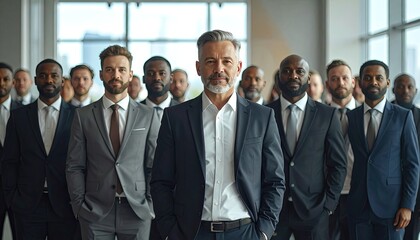 Fototapeta premium A confident, mature businessman stands proudly at the forefront of a diverse group of professionals, symbolizing leadership and a united team within a modern office setting.