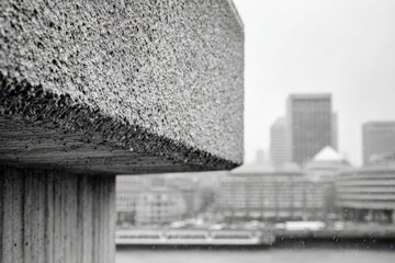Monochrome urban cityscape view featuring rough concrete detail with blurry buildings, highlighting modern architecture on a rainy overcast day.