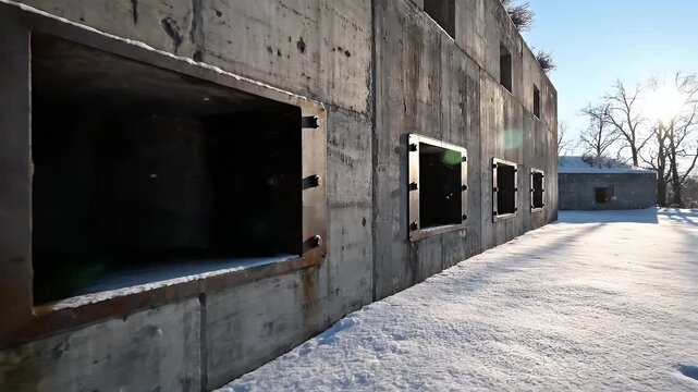 Eben-Emael Fortress Casemate on Winter Day - A side view of the Eben-Emael fortress casemate with gun loopholes, showing concrete walls and metal frames around openings.