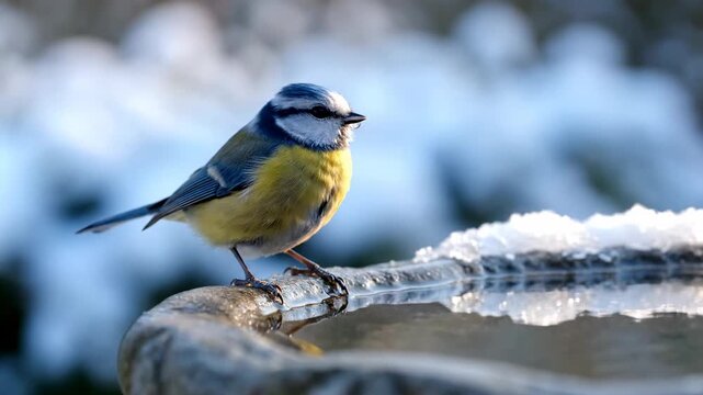 A beautiful blue tit bird drinking water from a bird bath in winter.