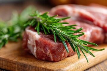 Close-up shot of fresh raw pork steaks seasoned with rosemary on a wooden board, ready for grilling, showcasing the juicy texture and vibrant color of the meat.