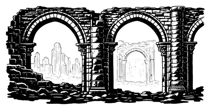Classical architectural ruins with stone arches and pillars in detailed line art style