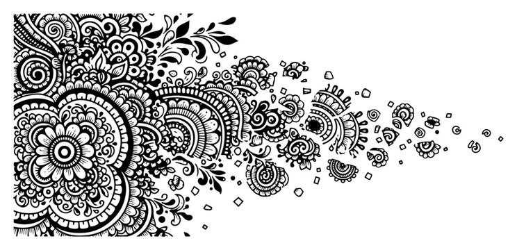 Intricate hand drawn floral mandala pattern dissolving into scattered fragments