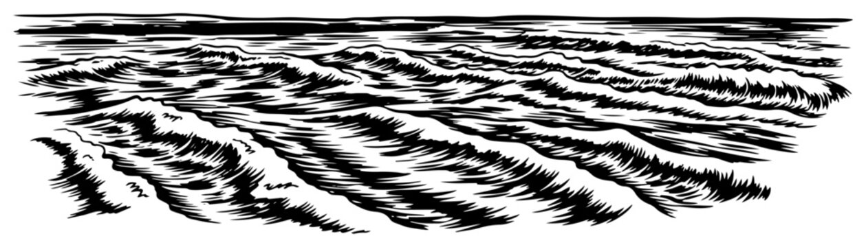 Vintage woodcut style illustration of rolling ocean waves or sea water