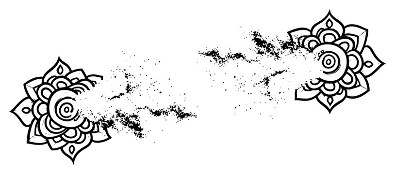 Floral mandala ornaments fading and disintegrating into scattered dust particles