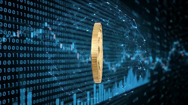 Golden bitcoin coin spinning with digital connection mesh on blue binary background