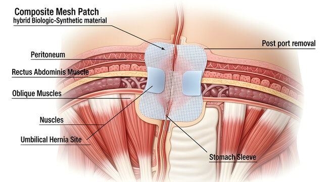 Anatomical illustration of abdominal mesh patch for umbilical hernia repair anatomy