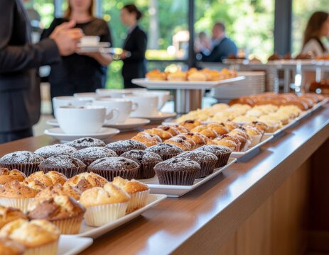 Pastry and muffin buffet displayed at a corporate event where attendees socialize and enjoy coffee together.