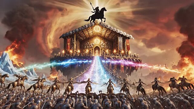 Epic Ragnarok Viking Battle Scene - An epic scene depicts a Viking battle possibly during Ragnarok or in Valhalla. Warriors on horseback and on foot charge towards a glowing gate in the sky.