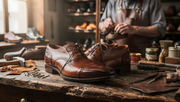 Artisan Craftsmanship: Detailed View of Handcrafted Leather Shoes on a Rustic Workbench, with a Cobbler Working in the Background