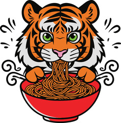 Obraz premium Tiger eating spicy noodles from bowl, cartoon vector mascot, bold thick black outline, minimal sticker illustration, white background