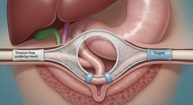 Medical illustration of hiatal hernia repair with mesh and Toupet fundoplication