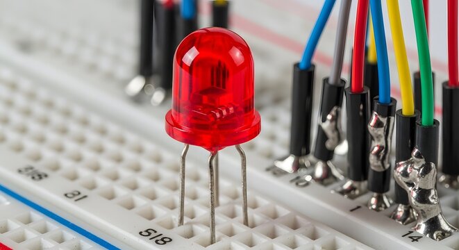 red led light emitting diode on breadboard electronic circuit close up technology hobby