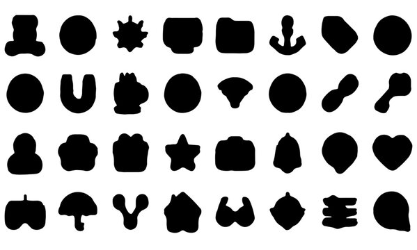 Collection of 28 unique black blob shapes on white background