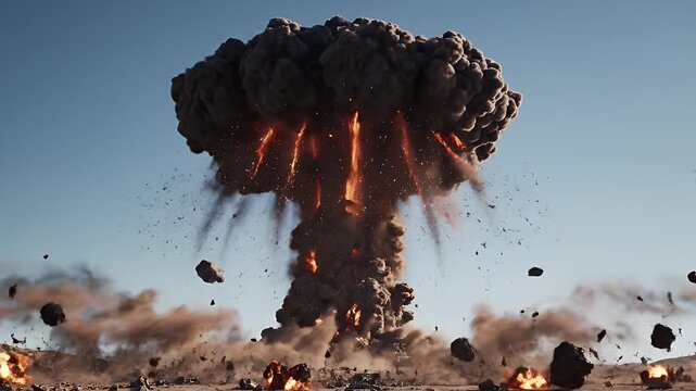 Atomic Explosion Animation - This animation shows a ground level view of a large atomic explosion with a mushroom cloud rising against a clear sky.