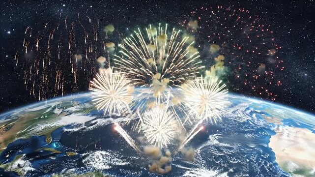 Fireworks Exploding Over Planet Earth - This video features vibrant fireworks exploding over planet Earth as seen from outer space.