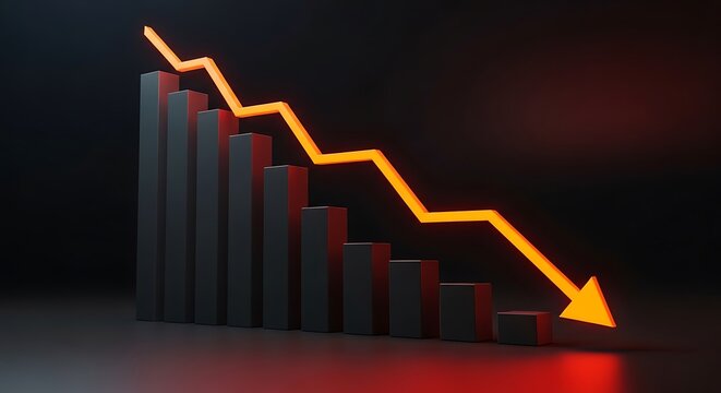 Bar graph shows a decline, orange arrow pointing downward in a dark setting