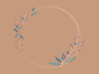Circular floral frame on a light brown background. Delicate pastel-colored branches with blue-green leaves and small flowers adorn the bottom left and top right of the circle.