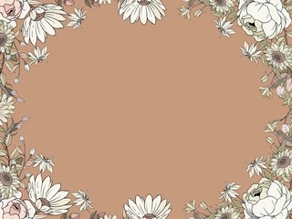 Floral border illustration features white daisies (Bellis perennis) and roses (Rosa spp. ) arranged around the edges against a muted brown background. © ALEXO444