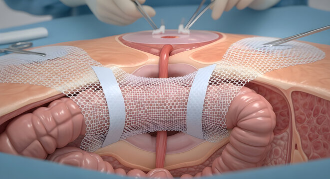Surgical mesh repair of abdominal hernia with intestines visible surgery medical