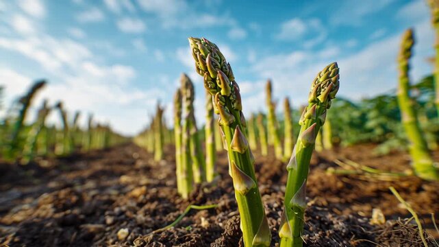 Fresh asparagus growing in garden bed, closeup view. New harvest, bunch of green asparagus sprouts rows growth on bio farm field in fertile soil. Sunny day, blue sky. Organic healthy food concept.