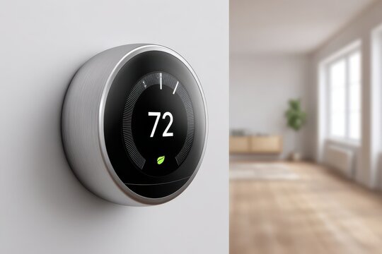 A smart thermostat controlling the temperature in a modern living room, set to 72 degrees, blending technology and comfort with a focus on energy efficiency.