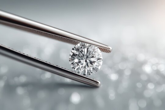 Close up shot of a dazzling round cut diamond being held by silver tweezers, showcasing its brilliance and clarity with elegant lighting and a blurred background.
