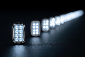 Obraz premium Modern LED lights arranged in a row, showcasing bright illumination and sleek design, ideal for energy-efficient lighting solutions and contemporary interior decor, emitting a futuristic glow.