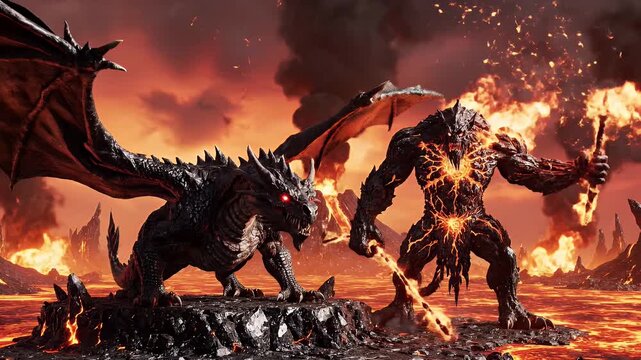 Dragon and Demon in Hellscape - A ferocious dragon and a lava demon stand on a rocky landscape surrounded by burning lava.