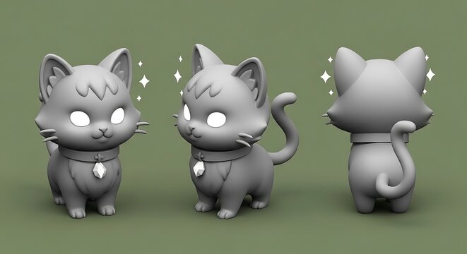 Three gray cartoon cats with sparkles on green background in different poses