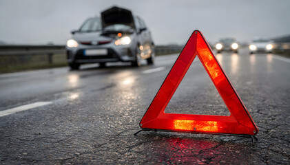 Roadside Emergency: Red Warning Triangle Signals Trouble as a Broken-Down Vehicle Sits on a Wet Highway Under Overcast Skies with Approaching Cars