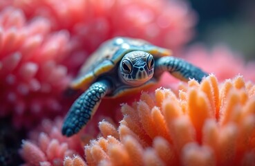 Fototapeta premium Tiny sea turtle crawls on bright coral reef. Baby reptile explores ocean floor among pink and orange coral formations. Little animal swims in clear blue water, marine life.