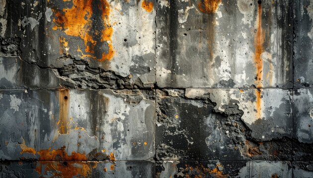 A detailed close-up showcases a weathered and decaying concrete wall, marked by significant cracks, rust stains, and a palpable sense of age and abandonment.