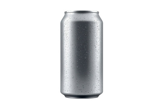 Silver aluminum beverage can with condensation, cold refreshing drink mockup, 330ml volume, transparent background