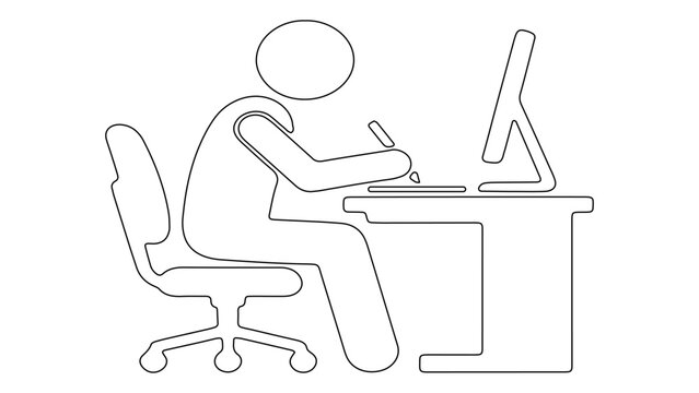 Minimalist line art illustration of a digital artist or graphic designer working on a computer desk with a drawing tablet.