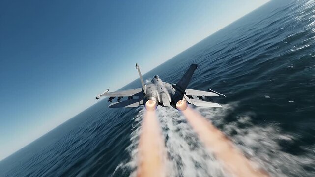 Fighter Jet Afterburner Over Ocean - A fighter jet is seen from below, flying low over the ocean. The jet's afterburners are engaged, creating a trail of fire.