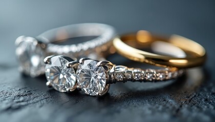 Three diamond rings are placed on dark surface. One gold band ring and two white gold diamond rings. Fine jewelry close-up, luxury accessories.