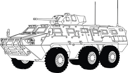 Armored personnel carrier illustration, military vehicle artwork, wheeled APC turret cannon vector drawing, defense technology design concept © Dilip