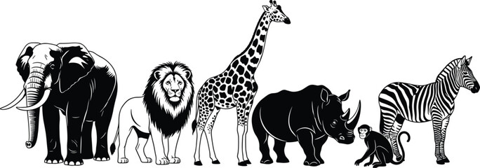 Collection of Wildlife Animal Silhouettes, Lion, Elephant, Giraffe, Rhino, Zebra, and Monkey, cad drawing flat vector illustration, Nature Fauna Silhouette. © Mehedi